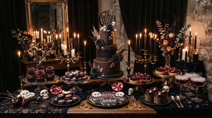 Fototapeta premium Gothic Halloween dessert table with spooky treats and flickering candles