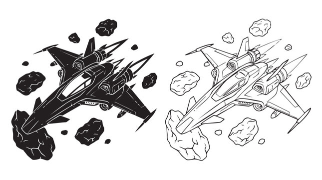 space fighter in asteroid field illustration featuring sci-fi, spaceship, rocket