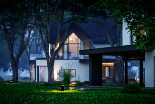 3d rendering of contemporary architectural luxury house exterior at night. Modern Scandinavian style family home, dramatic exterior lighting and garden landscaping at twilight