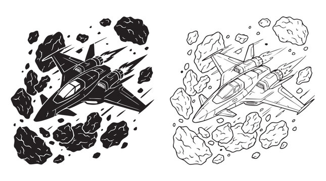 space fighter in asteroid field illustration featuring sci-fi, spaceship, rocket