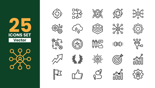 Data and analytics outline icons set, technology, science, network, processing, information, database, development, research, vector.