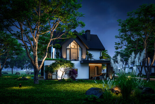 3d rendering of contemporary architectural luxury house exterior at night. Modern Scandinavian style family home, dramatic exterior lighting and garden landscaping at twilight