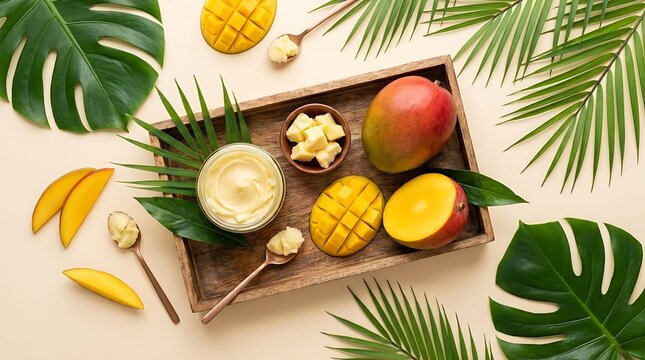 Fresh mango smoothie with sliced mango fruit on a wooden tray with tropical palm leaves. mango butter