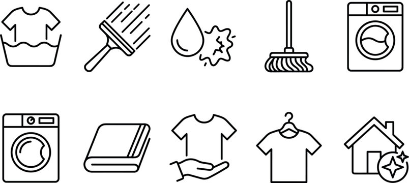Vector linear house cleaning and laundry service line icon set featuring washing machine clothes hanger hand wash mop squeegee and towel elements