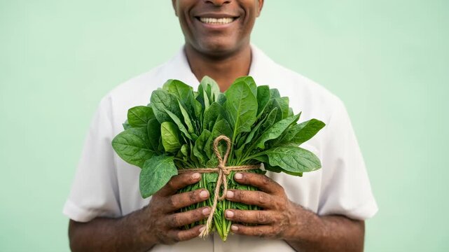 Fresh green spinach bundle tied with string at farmers market India showcasing healthy organic produce natural farming and care for vegetables