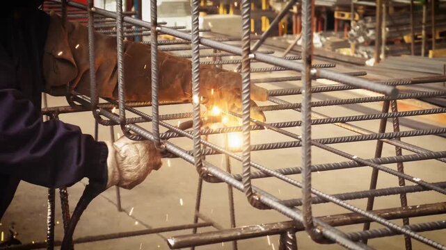 Industrial Worker Welding Steel Rebar Cage with Bright Sparks