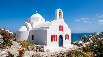 Obraz premium Charming whitewashed Cycladic church overlooking the Aegean Sea in Mykonos