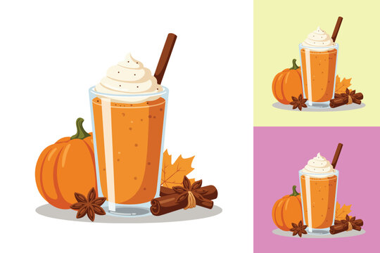 Vector illustration of a pumpkin spice latte with whipped cream, cinnamon sticks, and autumn decor.