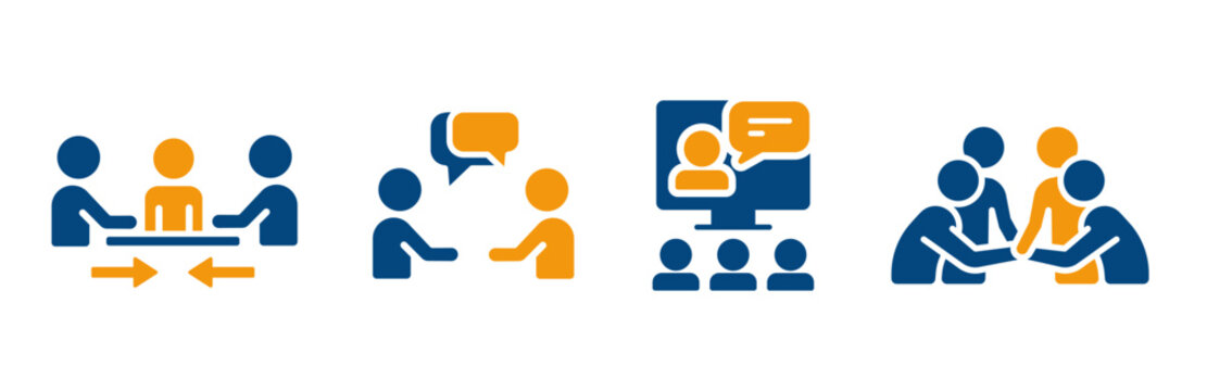 meeting set flat icon, simple icons for conference, seminar, webinar, dialogue people group, supporting teamwork, blue and yellow color vector art