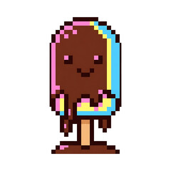 Fototapeta premium Cute Pixel Art Melting Chocolate Popsicle with Pastel Colors and Happy Kawaii Face Illustration