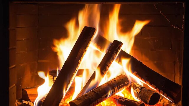Fire burning logs in a brick fireplace