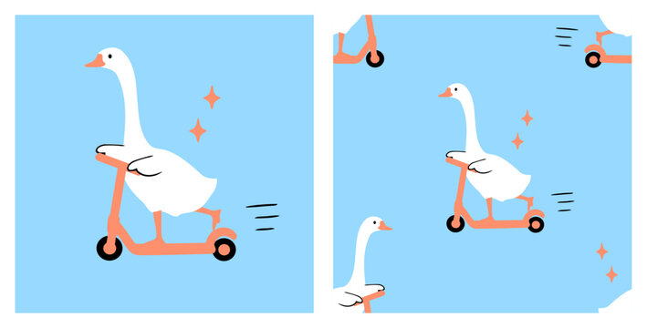 Cute goose riding a kick scooter with sparkling stars in hand drawn flat vector style, adorable bird character and seamless pattern for fabric, nursery decor, stickers and kids textile design.