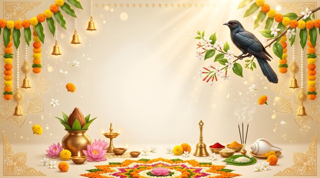 Traditional indian festival background with flowers with festive background decorated marigold garlands