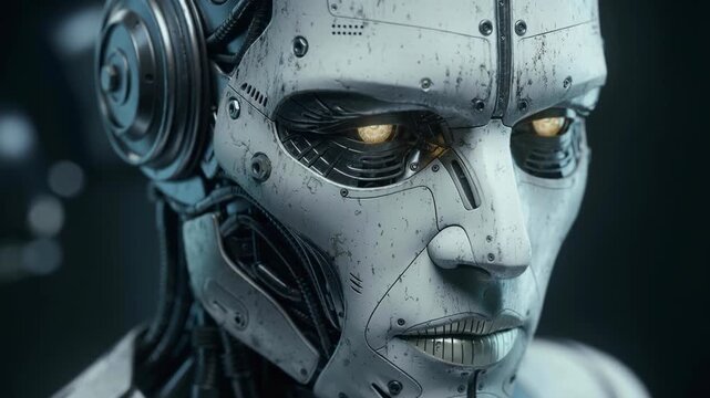 Close-up futuristic robot face with glowing eyes detailed mechanical humanoid technology