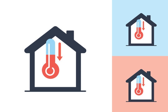House icon with thermometer and downward arrow representing cooling or energy efficiency