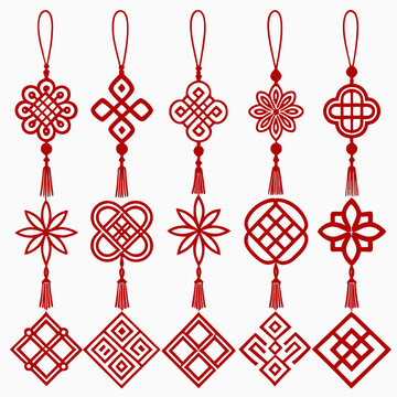 Set of fourteen red chinese knot vectors displaying diverse traditional decorative hanging ornaments for lunar new year celebrations ornate symbols of luck fortune and cultural heritage design assets.