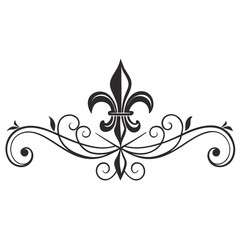 Black and white vector illustration of classical decorative royal heraldic french fleur de lis with elegant floral flourish scroll and swirl design element. © mil