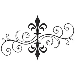 Black and white vector illustration of classical decorative royal heraldic french fleur de lis with elegant floral flourish scroll and swirl design element. © mil