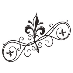 Decorative flourish with fleur de lis motif and intricate swirling lines, extending to the right with floral elements, suitable for ornate borders and wedding invitations. © mil