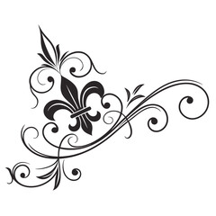 Elegant flourish with central fleur de lis, cascading swirls, and leaf elements on right side, perfect for decorative borders and sophisticated vintage design applications. © mil