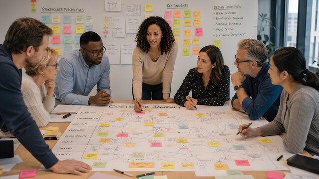 Woman orchestrating service design workshop with stakeholders