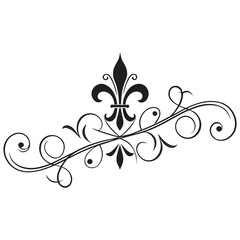 Elegant fleur de lis ornament with artistic swirls and decorative accents in black vector isolated for luxury invitation stationery wedding borders or vintage style professional graphic design work. © mil
