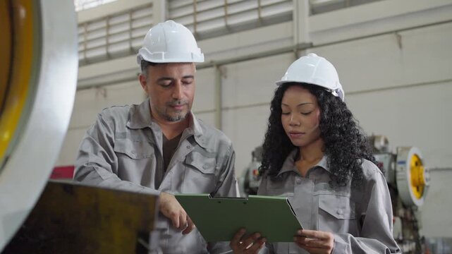 Team of engineers examining blueprints in a manufacturing plant while wearing safety equipment for protection