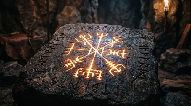 Glowing rune symbol on ancient stone in a mystical cave setting