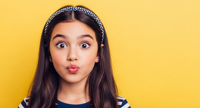 Close-up of a young girl with wide eyes and puckered lips against a yellow background, symbolizing playfulness, surprise, and youth