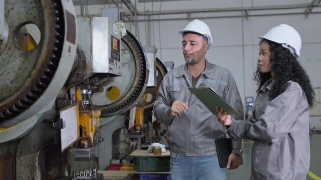 Two factory employees having a constructive conversation in a manufacturing environment