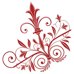 Fleur de lis emblem with swirling floral vines and leaves, elegant vintage ornamentation, decorative flourish, French symbol, classic design, ornate metalwork detail. © mil