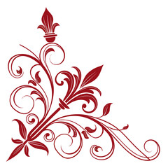 Vintage floral scrollwork corner ornament with fleur de lis accent and graceful curves in deep red shade designed for elegant framing and decorative artistic layouts on white background surfaces. © mil