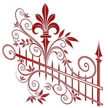Decorative iron fence corner element with ornate swirling floral scrolls and royal fleur de lis motif in dark red color isolated on white background for vintage graphic design and metalwork framing.
