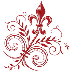 Red fleur de lis ornate decorative element with spiral scrolls and stylized leaves, representing elegant classic design, isolated on white background. © mil