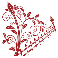Red fleur de lis inspired decorative fence element with floral scrolls and elegant spear-tipped finials in perspective, isolated on white background. © mil