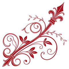 Red fleur de lis ornamental staff with intricate floral scrolls and naturalistic leaves, symbolizing authority and regal elegance, isolated on white background. © mil