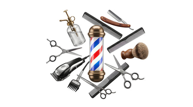 Barber tools and equipment arranged around pole