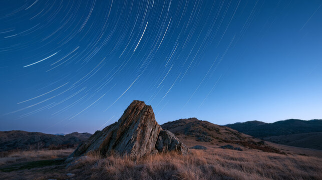 star trails in a countryside landscape