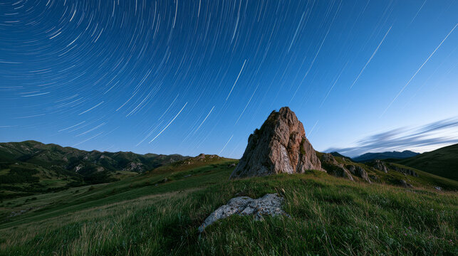 star trails in a countryside landscape
