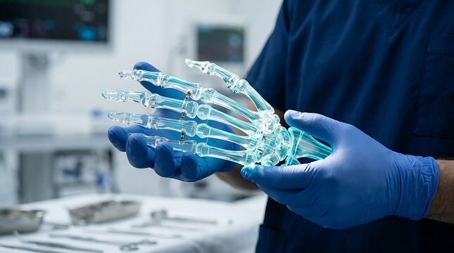 Medical professional holding transparent plastic human hand skeletal model with metal joint pins inside sterile clinic room.