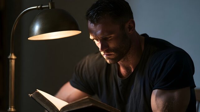 A man with short dark hair and stubble is intently reading an open book under the focused glow of a vintage style desk lamp