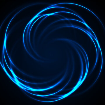 Vibrant blue neon circular spiral wavy lines abstract technology background. Futuristic glowing vector design
