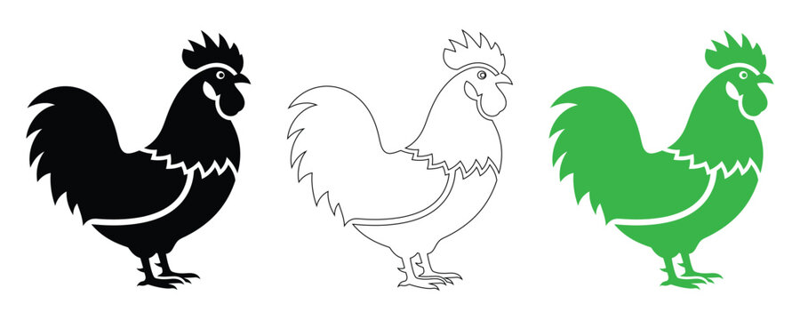Rooster silhouette set black outline and green vector illustrations for farm and rural designs