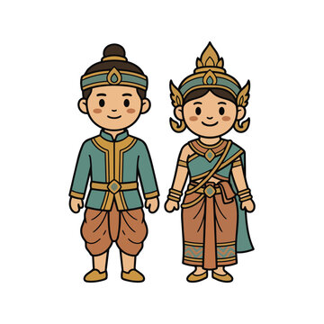 Cute Cartoon Cambodian Couple in Traditional Khmer Wedding Costume Vector