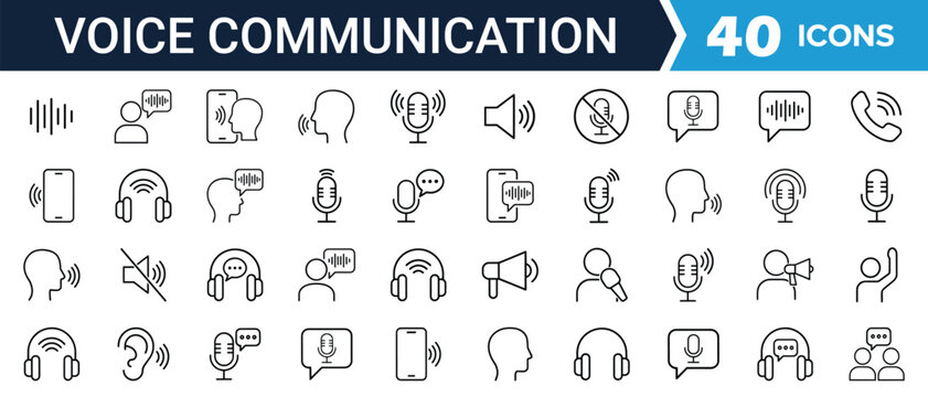 Voice Communication Icons Set, Audio Call and Customer Support Outline Vector Collection, vector illustration