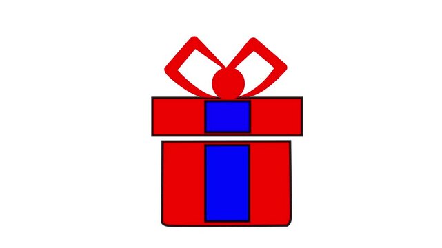 Gift icon features a bright red box with a matching ribbon and a central blue vertical stripe centered on a clean white background to represent celebration and commerce for various holiday marketing.