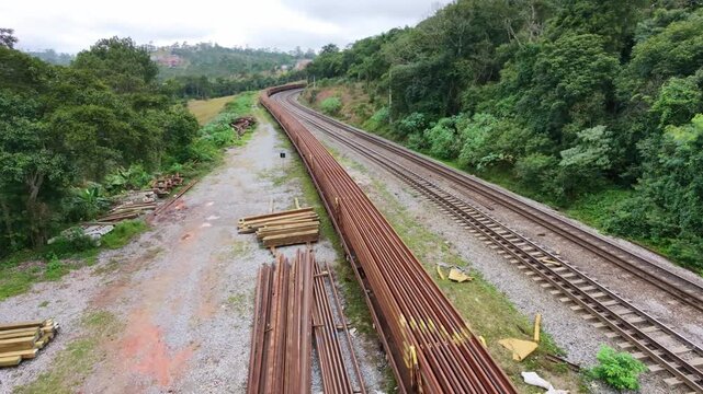Aerial view of a stopped cargo train