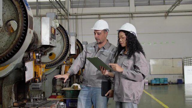 Engineers engaged in collaborative teamwork discussing machinery operations in an industrial setting