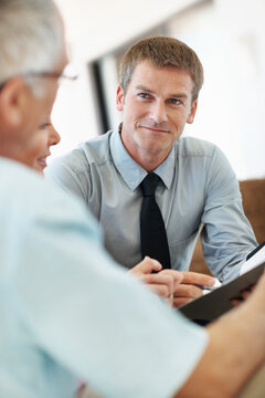 Meeting, consulting and financial advisor with old couple for retirement plan, wealth management and profit. Insurance payout, budget and broker with senior man and woman in home for joint account