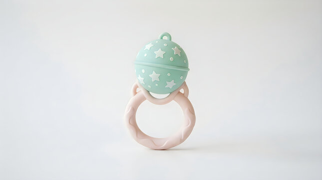 Cute mint green star baby rattle and teether toy illustration